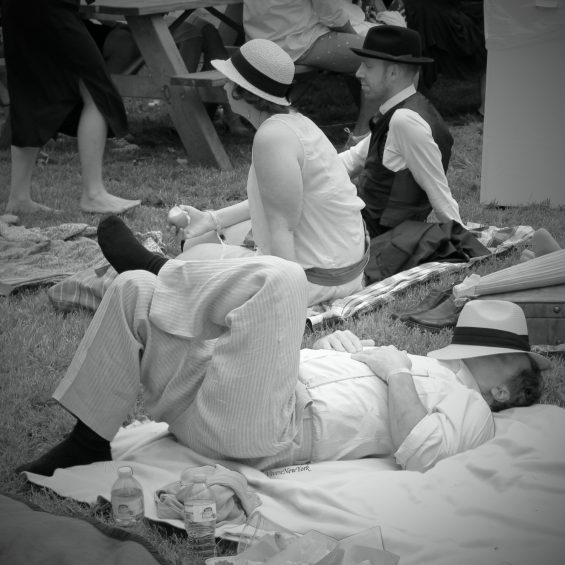 Jazz Age Lawn Party guests in 1920s flapper costumes Governors Island NYC